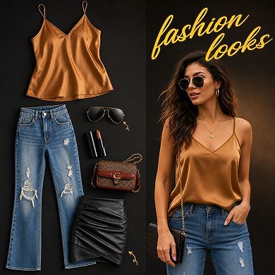 Women Satin V Neck Cami Top Spaghetti Strap Soft Sleeveless Blouse