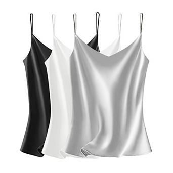 Women Satin V Neck Cami Top Spaghetti Strap Soft Sleeveless Blouse