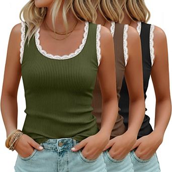 3 Pack Womens Ribbed Knit Lace Scoop Neck Sleeveless Tank Tops Summer Slim Fit Casual Shirts