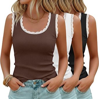 3 Pack Womens Ribbed Knit Lace Scoop Neck Sleeveless Tank Tops Summer Slim Fit Casual Shirts