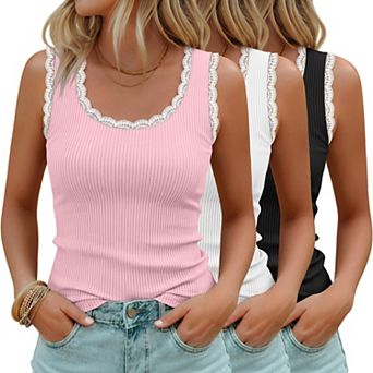 3 Pack Womens Ribbed Knit Lace Scoop Neck Sleeveless Tank Tops Summer Slim Fit Casual Shirts