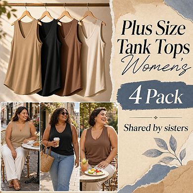 4 Pack Womens Plus Size Tank Tops Casual V Neck Sleeveless Shirts Flowy Tunics