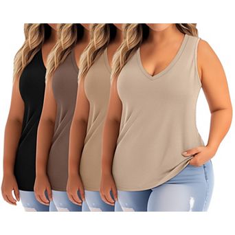 4 Pack Womens Plus Size Tank Tops Casual V Neck Sleeveless Shirts Flowy Tunics
