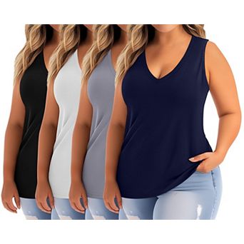 4 Pack Womens Plus Size Tank Tops Casual V Neck Sleeveless Shirts Flowy Tunics
