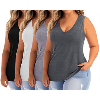 4 Pack Womens Plus Size Tank Tops Casual V Neck Sleeveless Shirts Flowy Tunics