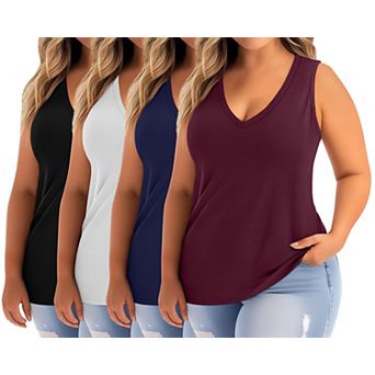 4 Pack Womens Plus Size Tank Tops Casual V Neck Sleeveless Shirts Flowy Tunics