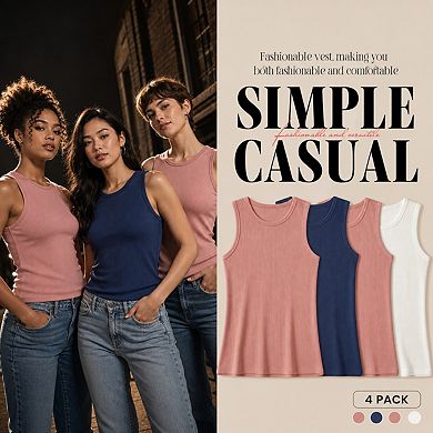 4 Pack Women Ribbed Tank Tops Summer Casual Sleeveless Crewneck Basic Shirts