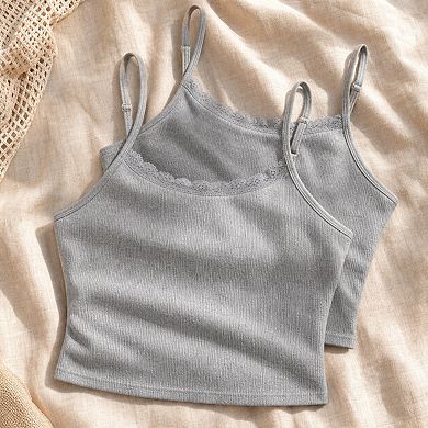 Womens Lace Trim Square Neck Ribbed Camisole Adjustable Spaghetti Straps Summer Top