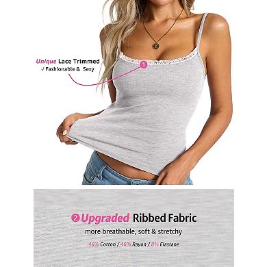 Womens Lace Trim Square Neck Ribbed Camisole Adjustable Spaghetti Straps Summer Top