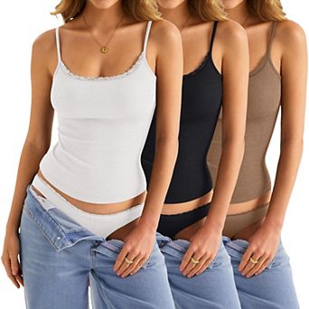 Womens Lace Trim Square Neck Ribbed Camisole Adjustable Spaghetti Straps Summer Top