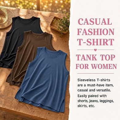 3 Pack Women's Sleeveless Loose Fit Crew Neck Casual Summer Tank Tops