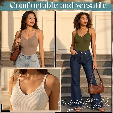 3 Pack Womens Ribbed Cotton Spaghetti Strap V Neck Tank Tops