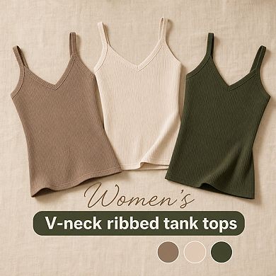 3 Pack Womens Ribbed Cotton Spaghetti Strap V Neck Tank Tops