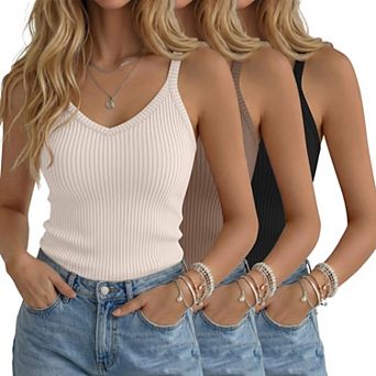 3 Pack Womens Ribbed Cotton Spaghetti Strap V Neck Tank Tops