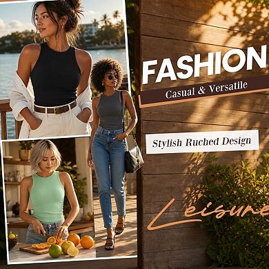 3 Pack Women's Ribbed Knit Tank Tops Slim Fit Crew Neck Racerback Workout Shirts