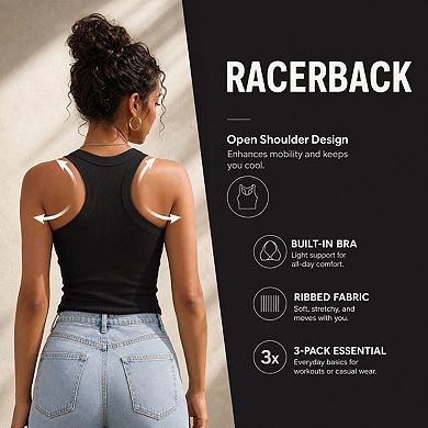 3 Piece Womens Ribbed Tank Tops With Built In Bras Racerback Casual Workout Shirts