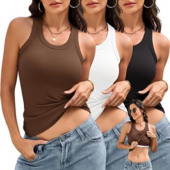3 pc Womens Ribbed Tank Tops With Built In Bras Racerback Casual Workout Shirts