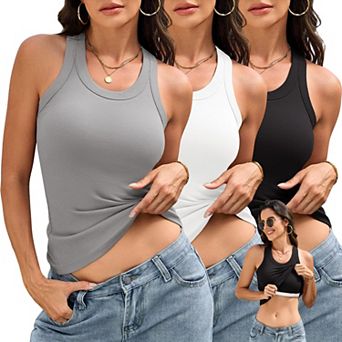 3 pc Womens Ribbed Tank Tops With Built In Bras Racerback Casual Workout Shirts