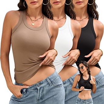 3 pc Womens Ribbed Tank Tops With Built In Bras Racerback Casual Workout Shirts
