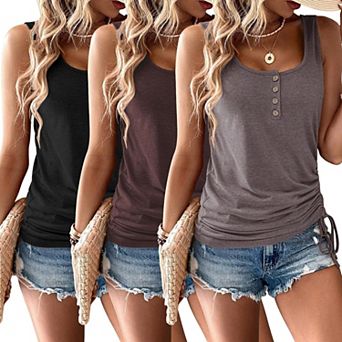 3 Pack Women Cotton Tank Tops V Neck Adjustable Button Loose Sleeveless Shirts