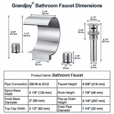 GRANDJOY Waterfall 8" Widespread 2-Handle Bathroom Basin Faucet with Pop Up Drain