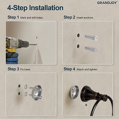 GRANDJOY 4-Piece Bathroom Hardware Set with Towel Bar Ring Robe Hook and Paper Holder Shelf