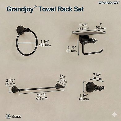 GRANDJOY 4-Piece Bathroom Hardware Set with Towel Bar Ring Robe Hook and Paper Holder Shelf