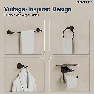 GRANDJOY 4-Piece Bathroom Hardware Set with Towel Bar Ring Robe Hook and Paper Holder Shelf
