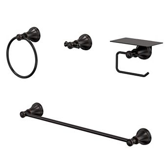 GRANDJOY 4 pc Bathroom Hardware Set with Towel Bar Ring Robe Hook and Paper Holder Shelf