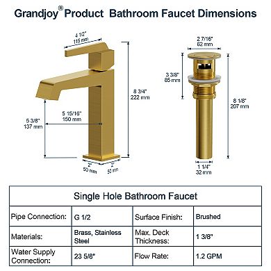 GRANDJOY Single Hole 1-Handle Mid-Arc Bathroom Sink Faucet Square Spout with Drain Assembly