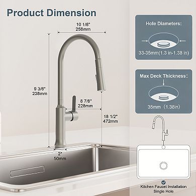 GRANDJOY Pull-Down Kitchen Faucet with 2-Function Sprayer Single-Handle Swivel Spout 1.8GPM