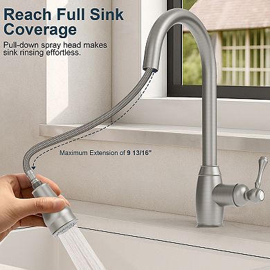 GRANDJOY Single Handle Kitchen Faucet 1.8GPM High Arc Pull Down Sprayer Sink Faucet
