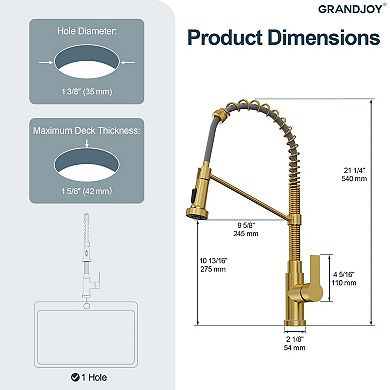 GRANDJOY LED Pull Down Kitchen Faucet Single Handle Commercial Spring Gooseneck 1.8GPM
