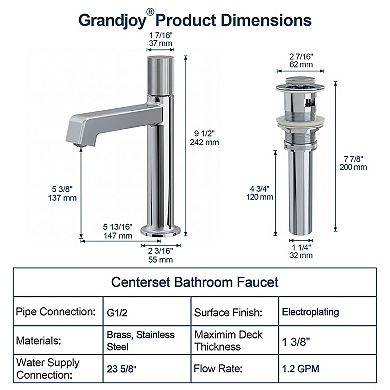 GRANDJOY Solid Brass Single Hole Bathroom Vanity Sink Faucet with Pop Up Drain