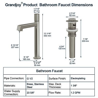 GRANDJOY Vessel Sink Faucet Tall Bathroom Tap Knurled Handle Solid Brass with Pop Up Drain