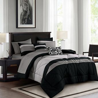 Black Gray Comforter Set with Sheets , 9 pc Bed in a Bag