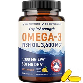 MAV Nutrition Triple Strength Omega-3 Fish Oil, 3600 mg, 180 Softgels.