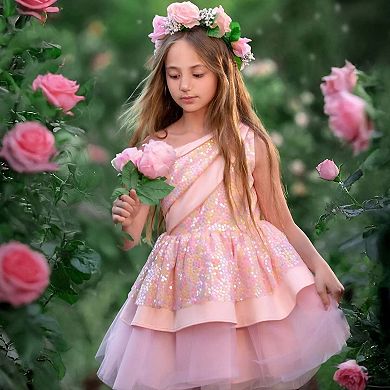 Rosy Bloom Off-Shoulder Sequin Birthday Dress for Girls