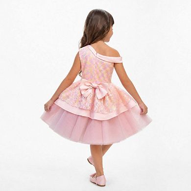 Rosy Bloom Off-Shoulder Sequin Birthday Dress for Girls