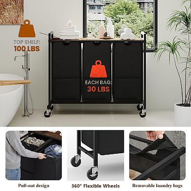 3 Compartment Laundry Hamper with Storage Shelf and Pull Out Removable Bags on Wheels Metal Frame