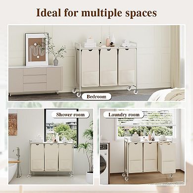3 Compartment Laundry Hamper with Storage Shelf and Pull Out Removable Bags on Wheels Metal Frame