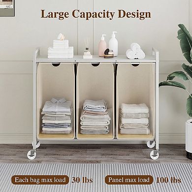 3 Compartment Laundry Hamper with Storage Shelf and Pull Out Removable Bags on Wheels Metal Frame