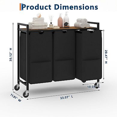 3 Compartment Laundry Hamper with Storage Shelf and Pull Out Removable Bags on Wheels Metal Frame