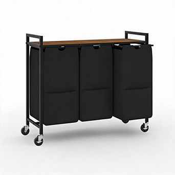 3 Compartment Laundry Hamper with Storage Shelf and Pull Out Removable Bags on Wheels Metal Frame