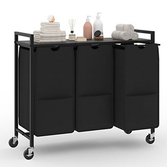 3 Compartment Laundry Hamper with Storage Shelf and Pull Out Removable Bags on Wheels Metal Frame