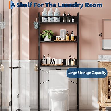 Over-the-Toilet Storage Organizer with 3-Tier Shelves, Space Saving Bathroom Rack with Hooks