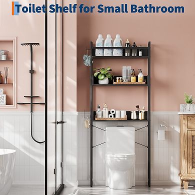 Over-the-Toilet Storage Organizer with 3-Tier Shelves, Space Saving Bathroom Rack with Hooks