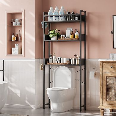 Over-the-Toilet Storage Organizer with 3-Tier Shelves, Space Saving Bathroom Rack with Hooks