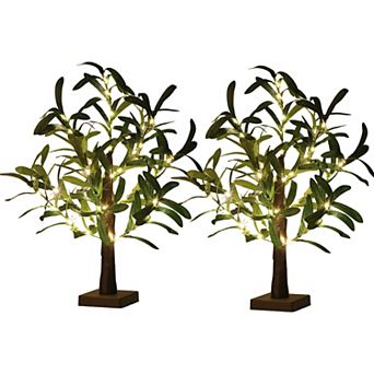 Lighted Olive Tree Set of 2, 21 in Artificial Tabletop Tree with 50 LED Lights, USB Plug-In Decor