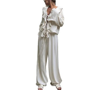 Women's Ruffle Trim Two-Piece Set Long Sleeve V-Neck Blouse and Wide Leg Pants Loungewear
